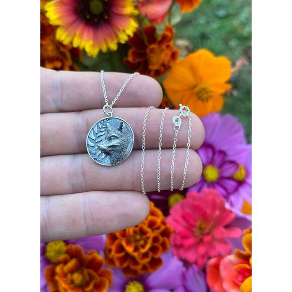Sterling Silver Fox and Fern Necklace, Silver Fox and Fern Charm Necklace - Picture 3 of 4